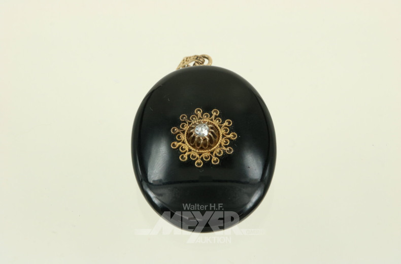 ovales Medaillon, schwarz mit 1 Diamantrose, viktorianisch