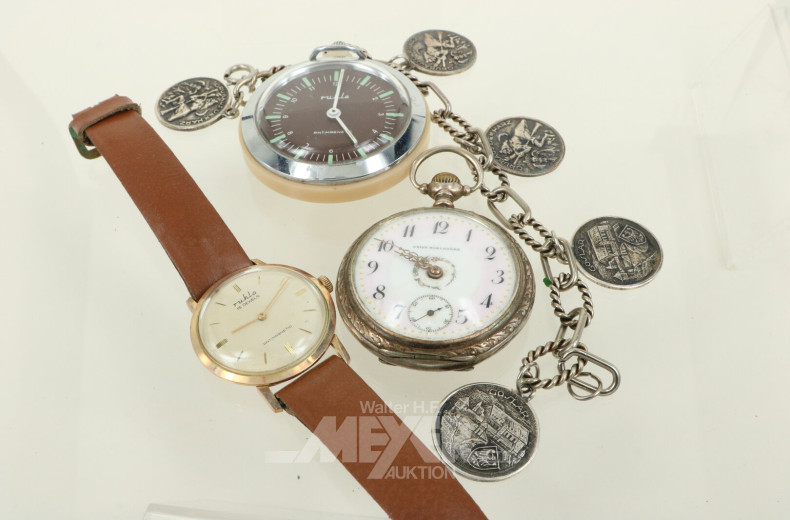 Konvolut best. aus: Armbanduhr "Ruhla", Taschenuhr "Ruhla", Taschenuhr "Union Horlogere", Armband mit Medaillen
