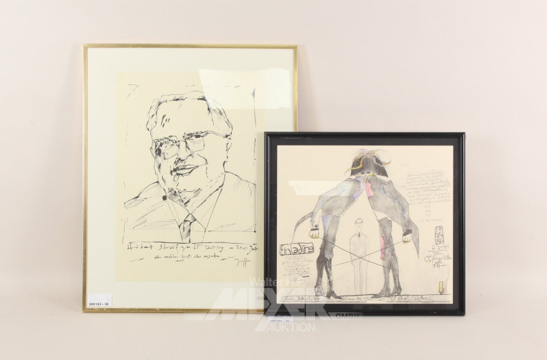 Paar Grafiken 'Hubert Strauß' und 'Einladung zum Geburtstag'