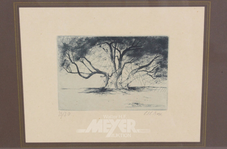 2 Radierungen "Baum, Statue mit Engelsflügeln"