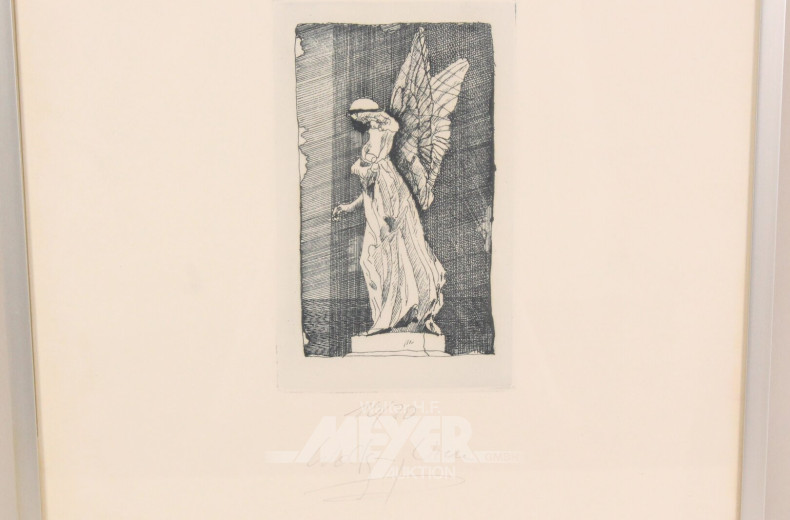 2 Radierungen "Baum, Statue mit Engelsflügeln"