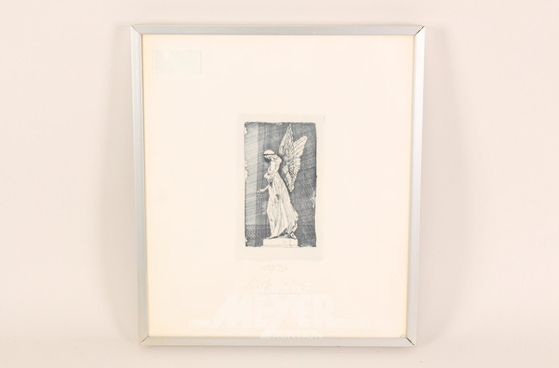 2 Radierungen "Baum, Statue mit Engelsflügeln"