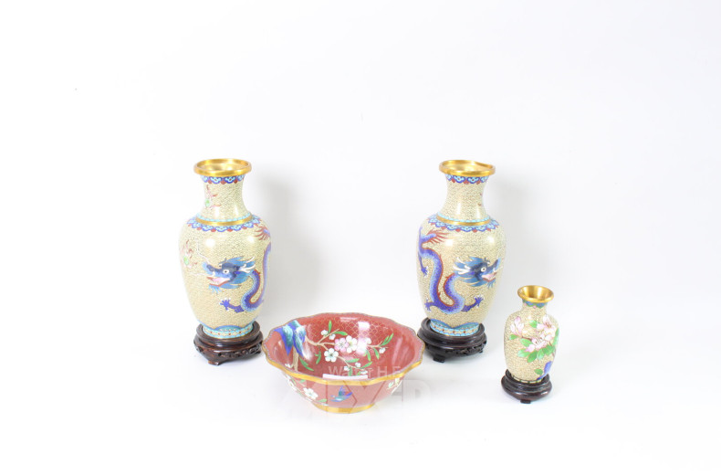 4 Cloisonné-Vasen "Blauer Drache"