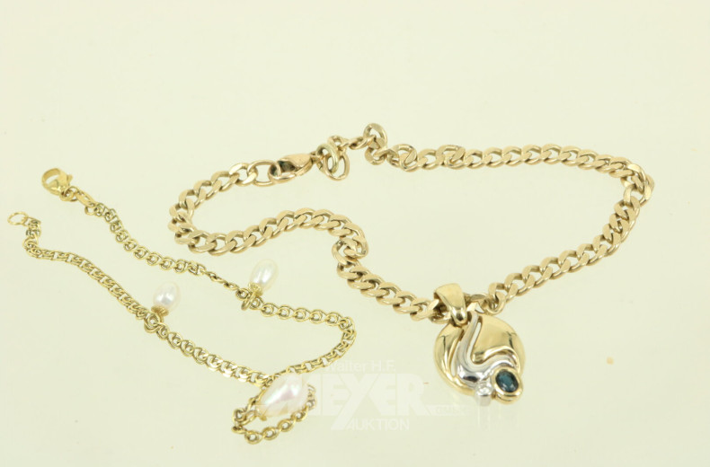 Gliederarmband, 585er GG, sowie 1 Anhänger, 585er GG, besetzt mit 1 Saphir u. 1 kl. Diamanten