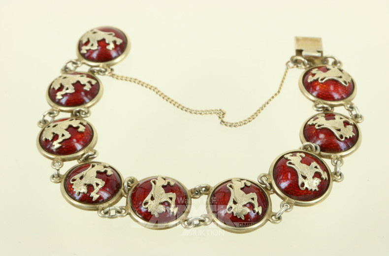 Olav H. RYSSTAD, Norwegen, Armband mit Löwen und roter Emaille