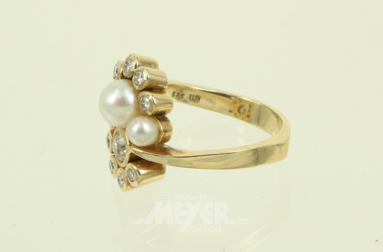 Damenring, besetzt mit 2 Perlen und Altschliff-Brillanten