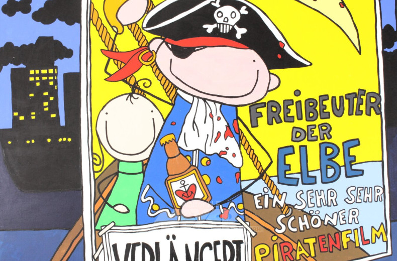 Gemälde im Comic-Stil 'Große Kinofilm-Werbetafel für "Freibeuter der Elbe" bei Nacht'