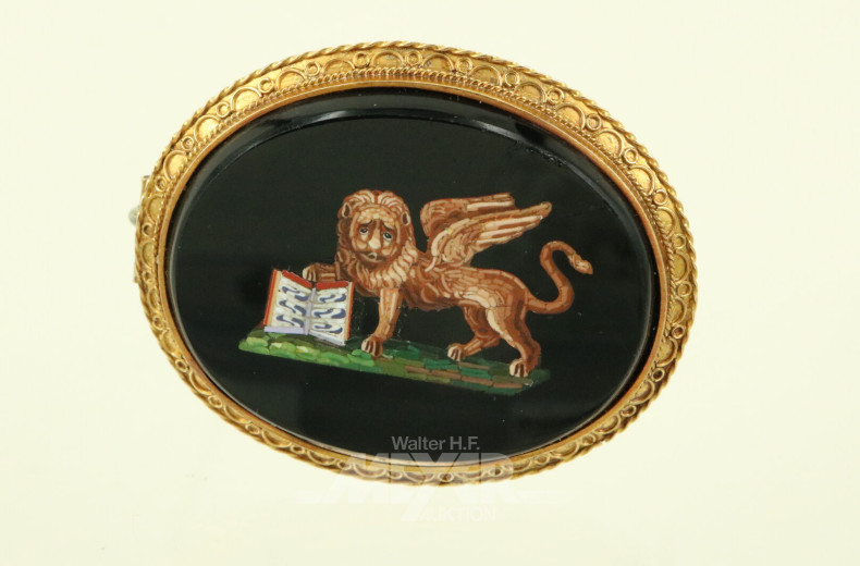 Brosche Mikromosaik "Geflügelter Löwe mit Buch" auf schwarzem Glas