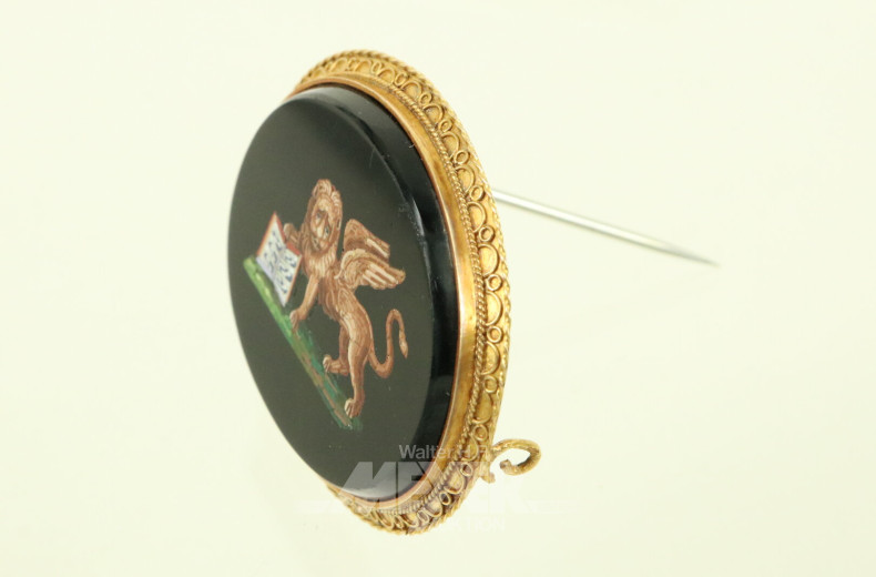 Brosche Mikromosaik "Geflügelter Löwe mit Buch" auf schwarzem Glas