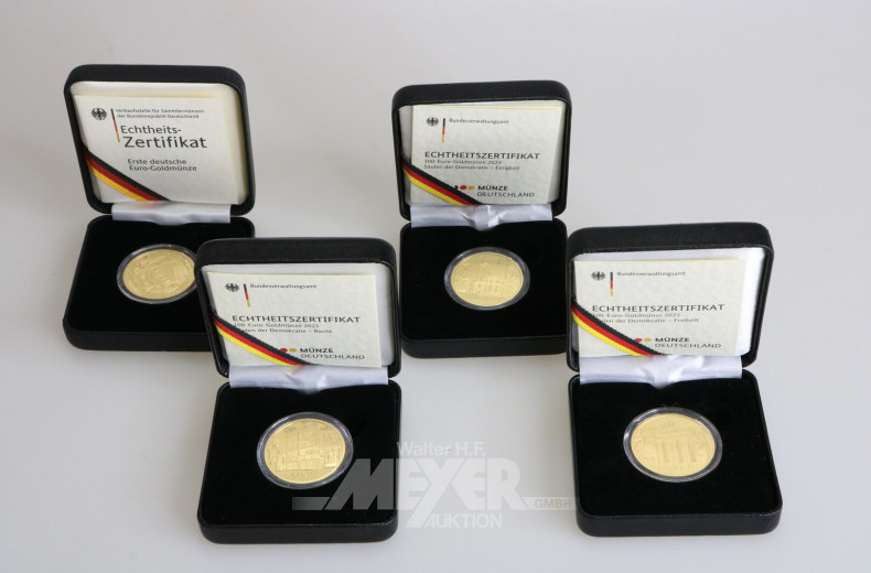 4 BRD - 100 Euro 'Säulen der Demokratie' und 'Erste deutsche Euro-Goldmünze' in Stempelglanz zu je 1/2 Unze Gold fein