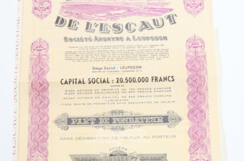 LAINIÈRE DE L'ESCAUT S.A. Inhaberaktienzertifikat, ca. 1948