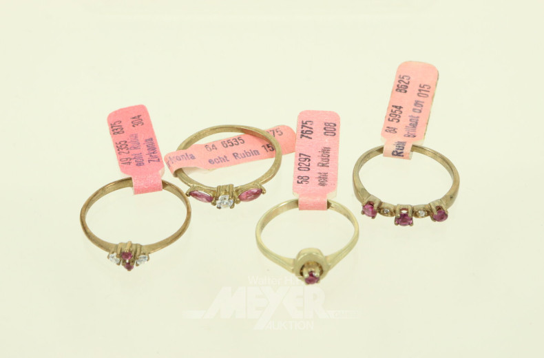 4 Ringe mit Rubin, Zirkonia und kl. Brillanten