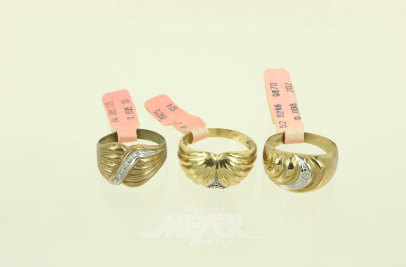 3 Ringe mit gewölbten Muster und kl. Brillanten