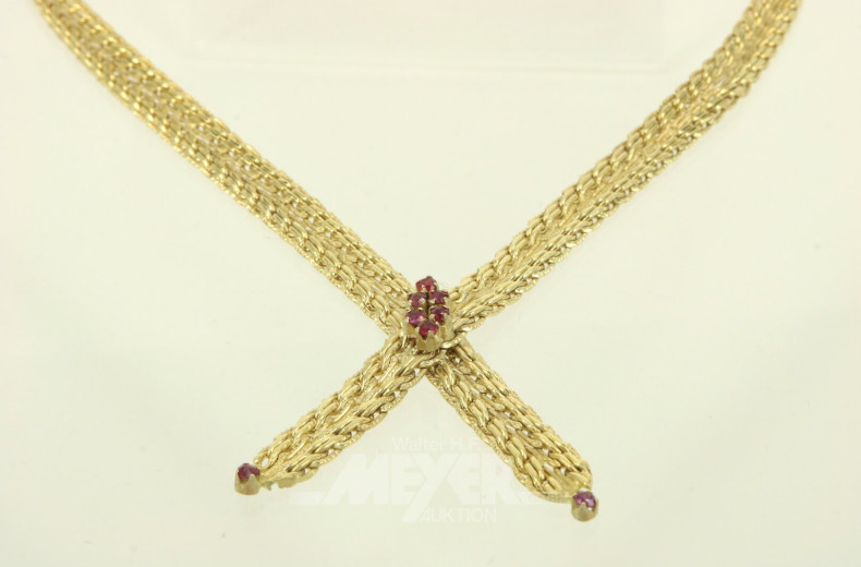 Stilvolles Collier, Flechtmuster mit 8 kl. Rubinen