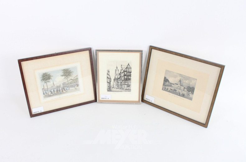 3 Druckgrafiken mit Stadtansichten