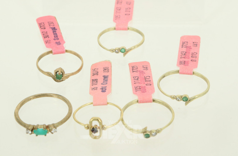 6 Zierliche Ringe mit sehr kl. Farbsteinen und Brillanten
