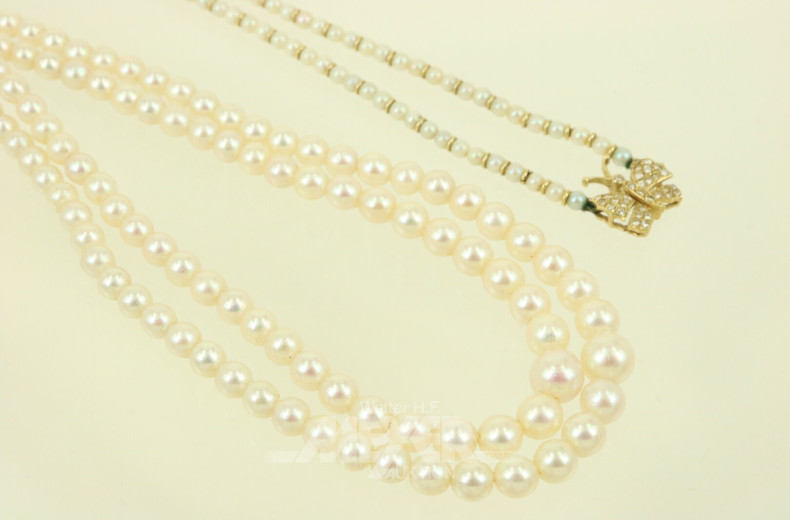 2 Perlenketten mit Vershlüsse in 585 GG/WG