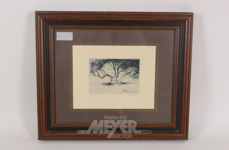 2 Radierungen "Baum, Statue mit Engelsflügeln"