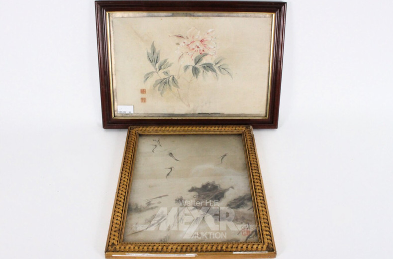 2 asiat. Bilder "Chrysantheme und Störche"