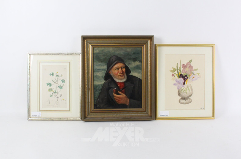 3 Bilder "Fischer- und Blumenstillleben"