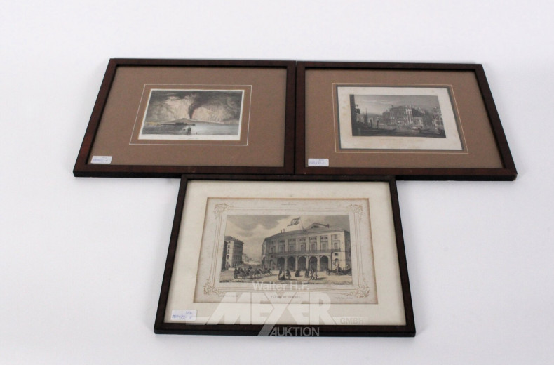 3 Stahlstiche von Stadt- und Landschaftszenen mit Staffagen