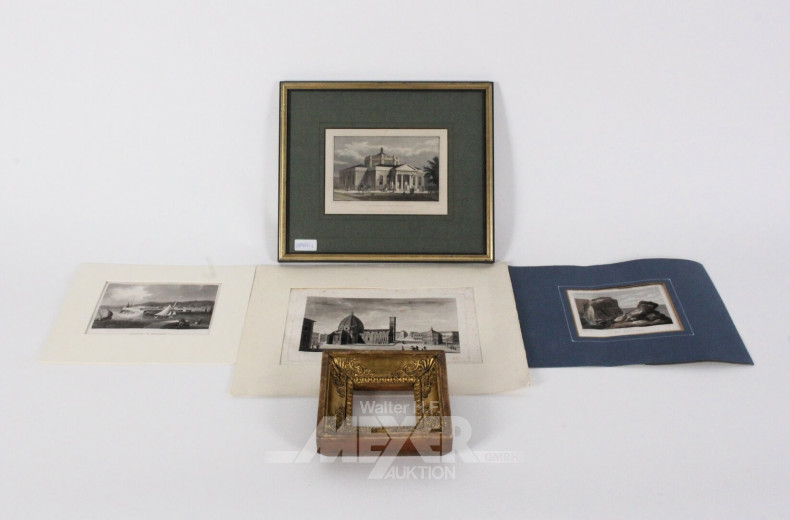 4 Stahlstiche von Stadt- und Landschaftszenen mit Staffagen, tlw. nachkoloriert