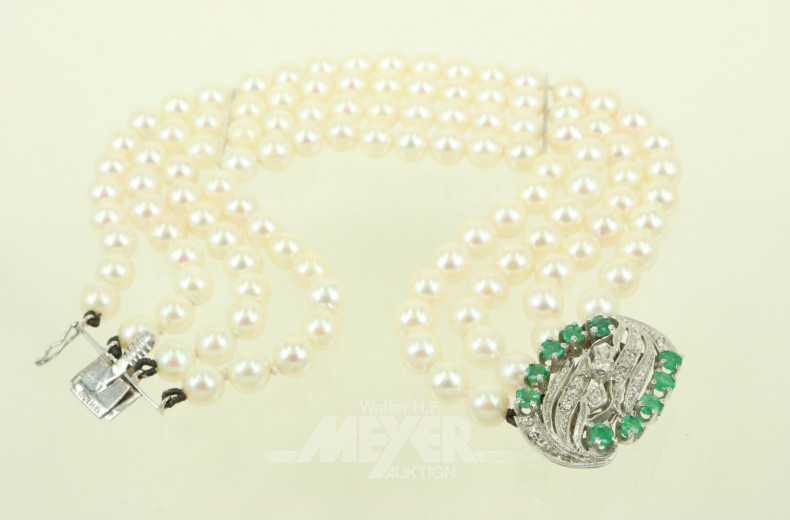 4-reihiges Zuchtperlen-Armband mit Schließe in 585 WG, besetzt mit Smaragden und Diamanten