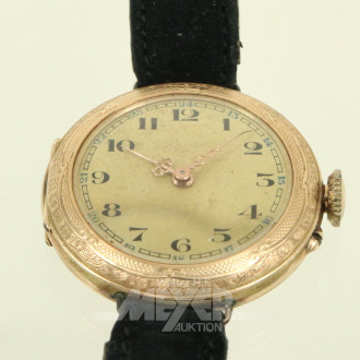 antike Armbanduhr, Schweiz, mit Punze und Kontrollstempel "Eichhörnchen", schwarzes Lederarmband, derzeit nicht gangbar