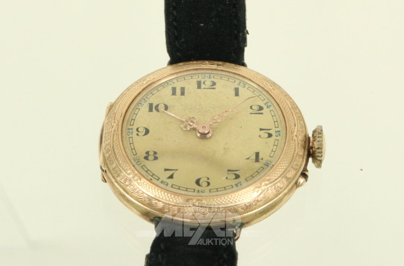 antike Armbanduhr, Schweiz, mit Punze und Kontrollstempel "Eichhörnchen", schwarzes Lederarmband, derzeit nicht gangbar