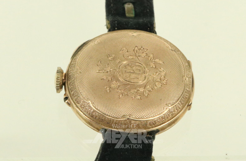 antike Armbanduhr, Schweiz, mit Punze und Kontrollstempel "Eichhörnchen", schwarzes Lederarmband, derzeit nicht gangbar