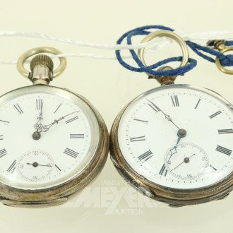 2 antike Taschenuhren, 1 x mit Deckel in 800er Silber, 1 x mit Schlüssel