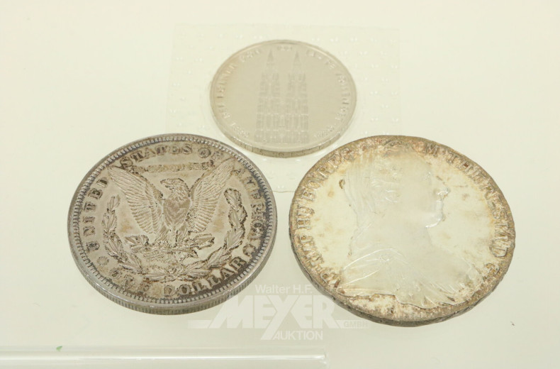 3 Gedenkmünzen, u.a. 5 Deutsche Mark, Maria-Theresia-Taler sowie one US-Dollar