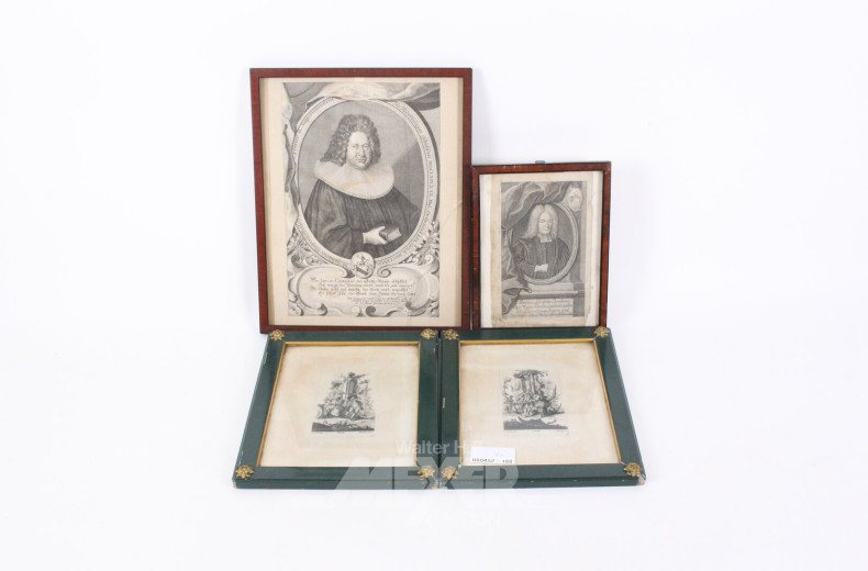 4 Antike Stahlstiche im Biedermeier- und Mahagoni-Rahmen