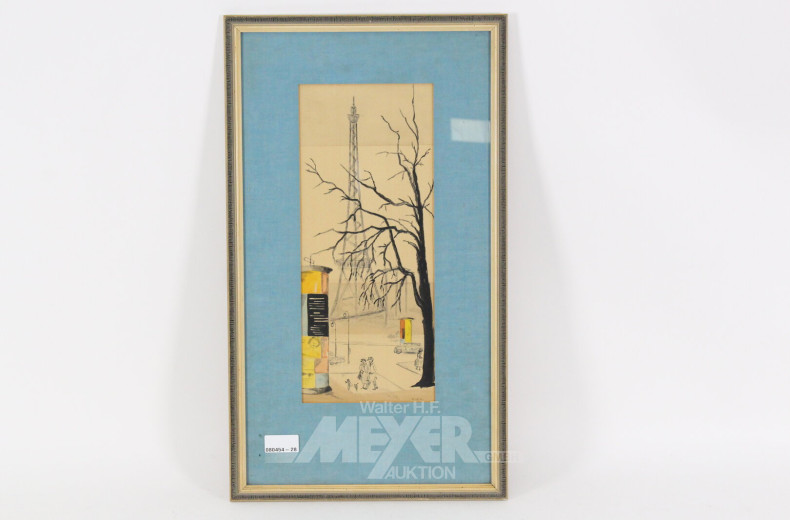 colorierte Zeichnung "Staßenszene mit Funkturm"