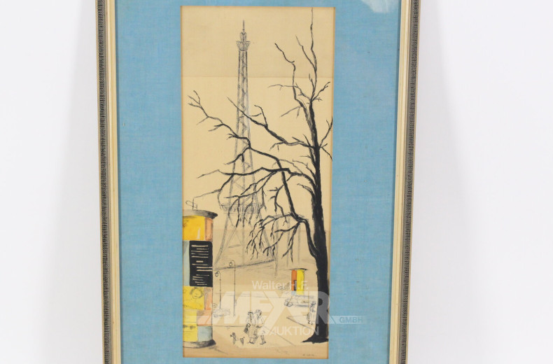 colorierte Zeichnung "Staßenszene mit Funkturm"