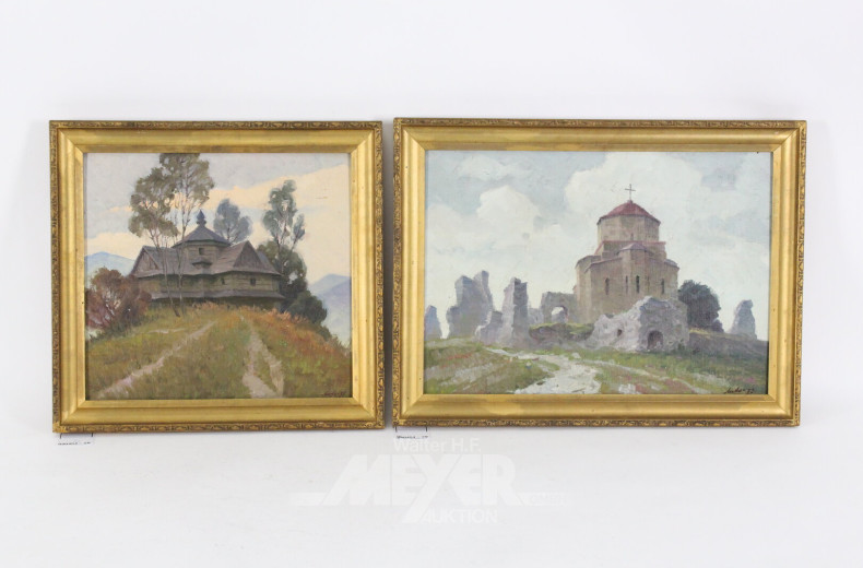 2 Gemälde "Gebirgskirchen"