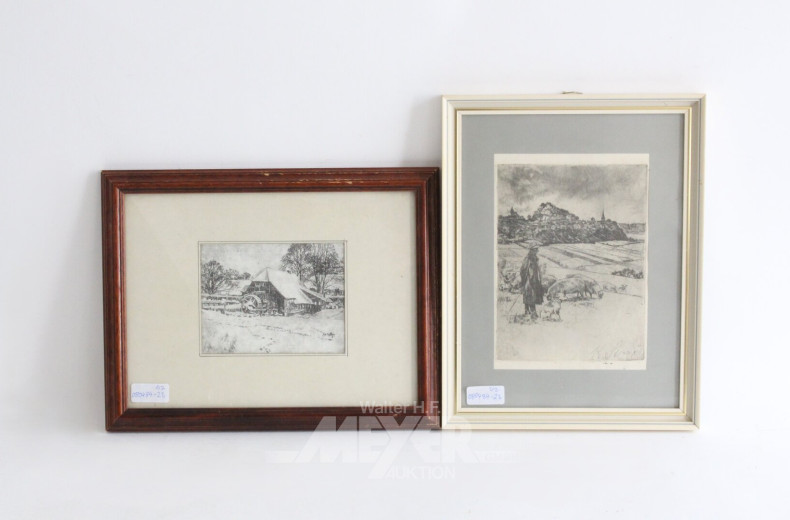 Paar Radierungen 'Grauder Wassermühle' und 'Landschaft mit Schäfer'