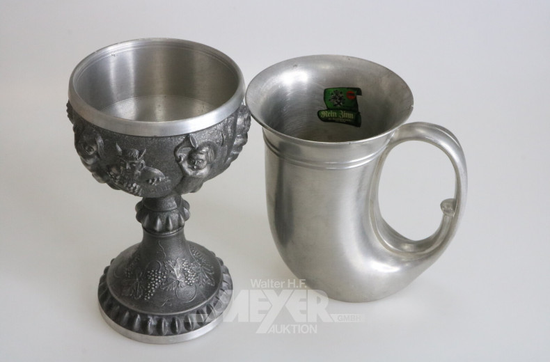 2 Teile Zinn, dabei 1 Zinnkrug und 1 Weinkelch