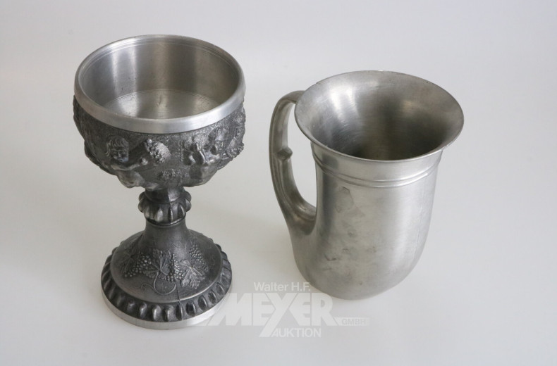 2 Teile Zinn, dabei 1 Zinnkrug und 1 Weinkelch