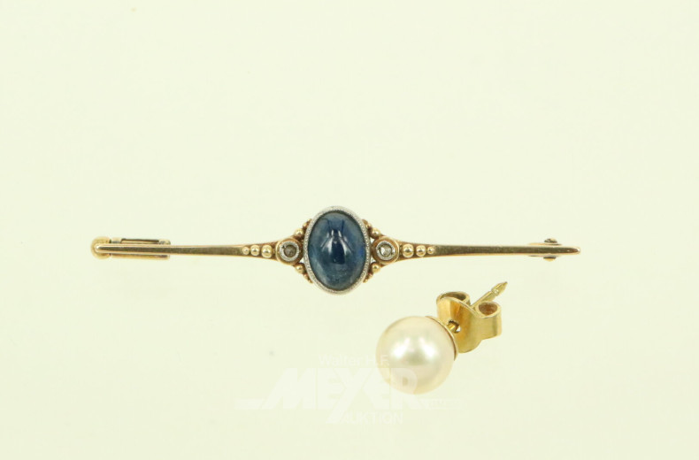 Antike Anstecknadel mit Saphircabochon in 585 GG und 1 Ohrstecker mit Perle in 333 GG