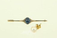 Antike Anstecknadel mit Saphircabochon in 585 GG und 1 Ohrstecker mit Perle in 333 GG