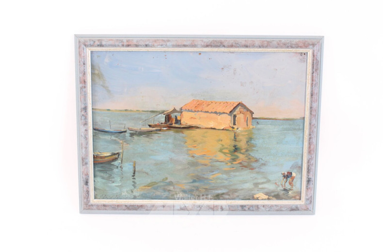 kl. Gemälde "Fischer mit Hausboot"