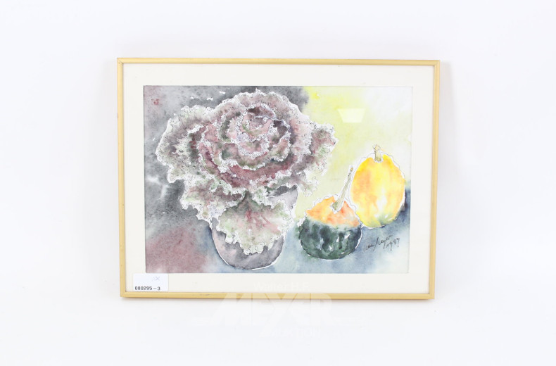 Paar Aquarelle 'Seenlandschaft' und 'Stillleben mit Zierkürbissen'