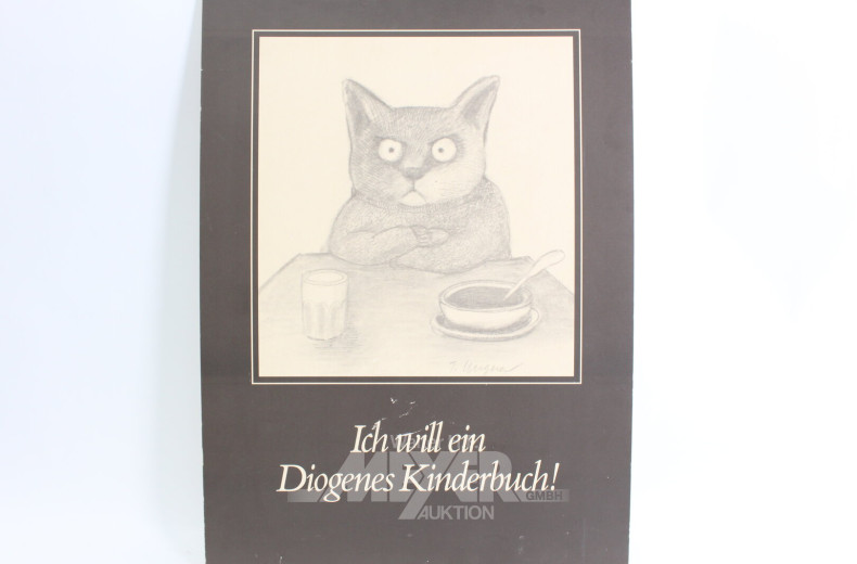 Werbetafel mit Druck 'Ich will ein Diogenes Kinderbuch'