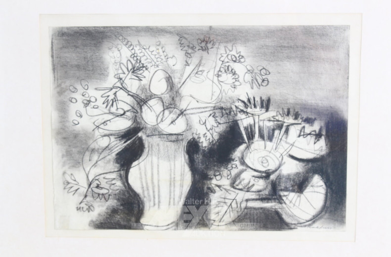 Kohlezeichnung 'Blumenstillleben mit Früchten'