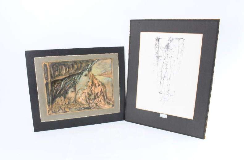 Grafik "Männl. Akt" sowie 1 Kunstdruck "Gesichter"