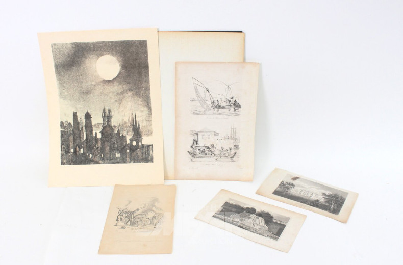 5 versch. Grafiken/Radierungen "Gebäudeansicht, Fischer"