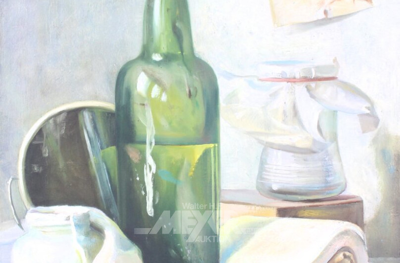 Gemälde "Stillleben mit Glasflasche und Spiegel"