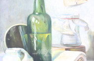 Gemälde "Stillleben mit Glasflasche und Spiegel"