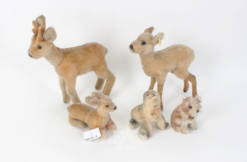 5 Stofftiere, u.a. Steiff